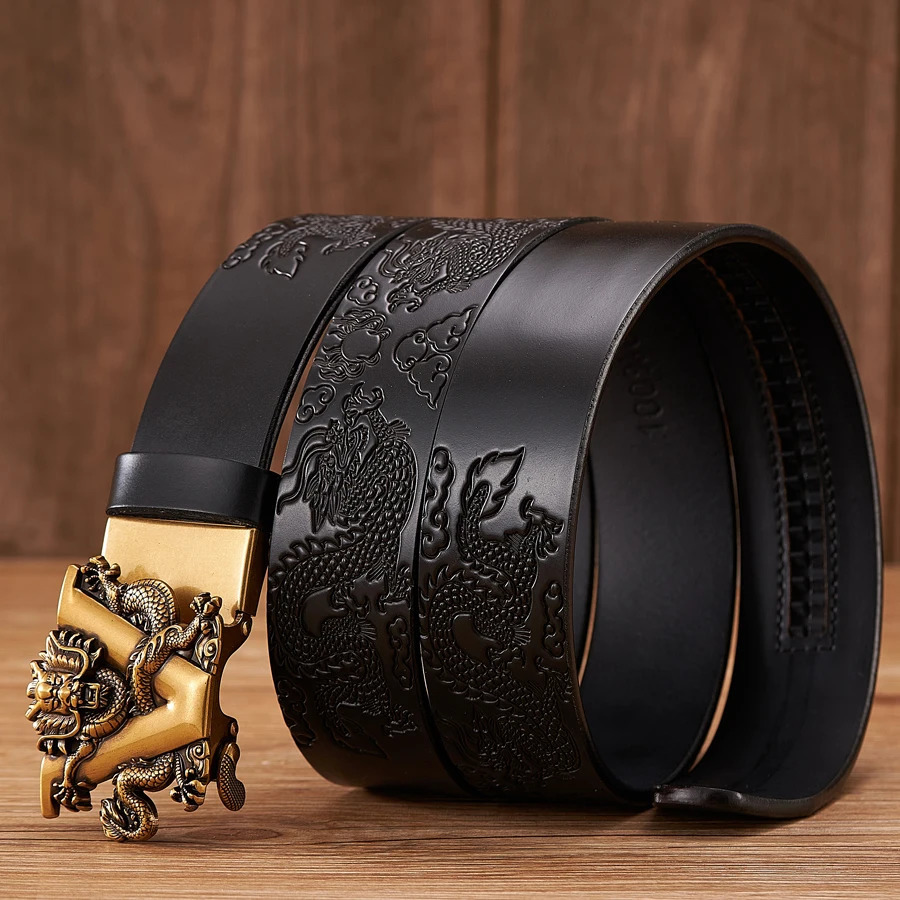 Other Fashion Accessories Male China Dragon Belt Cowskin Genuine Leather Belt for Men Carving Dragon Pattern Automatic Buckle Belt Strap For Jeans 231