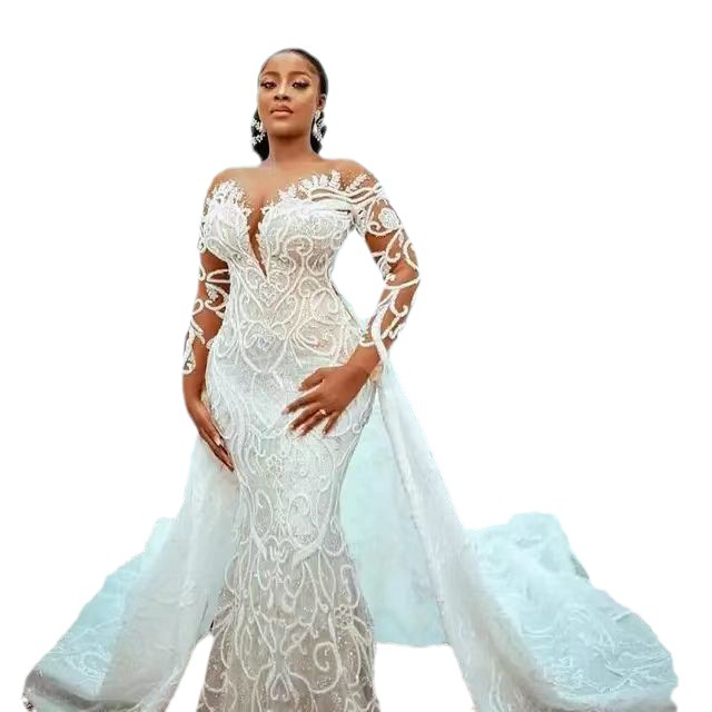 2023 arabic Elegant Mermaid Wedding Dresses Long Sleeve Bridal Gowns Beads Lace Applique Nigerian Arabic Marriage Dress Robe De Mariee Princess Celebr