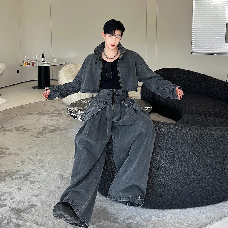 Men's Tracksuits NOYMEI Washed Old Silhouette Denim Two Pieces Set Solid Color Men Short Zipper Jacket Straight Wide Leg Pants Korean WA2425 2310