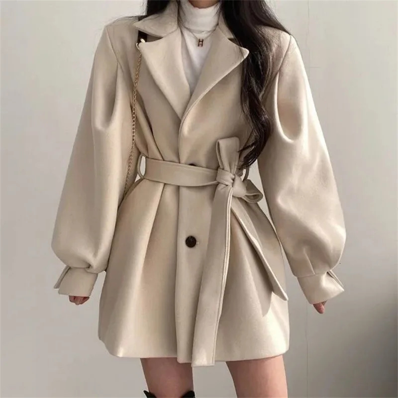 Women's Wool Blends Mid Length Blazer Collar Woolen Coat Women Belted Winter Jacket Niche Vintage Loose Fashion Overcoat Solid Trench Coats 23101