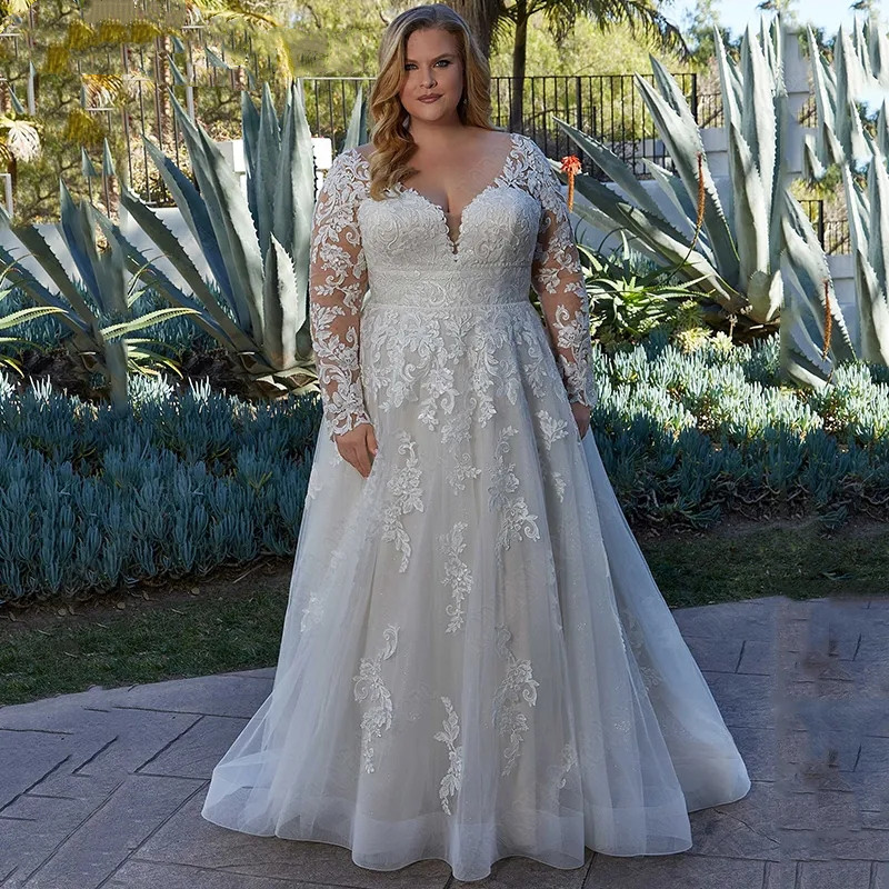 Elegant Wedding Dresses For Woman Plus Size Long Sleeves Applique Bride Gowns A-Line V-Neck Tulle Vestidos de Novia 01