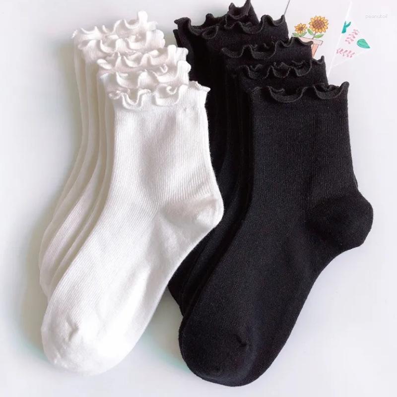 Women Socks Ruffle White Black Frilly Lolita Style Japanese Maiden Cute Kawaii Cotton Harajuku Princess Crew Calcetines