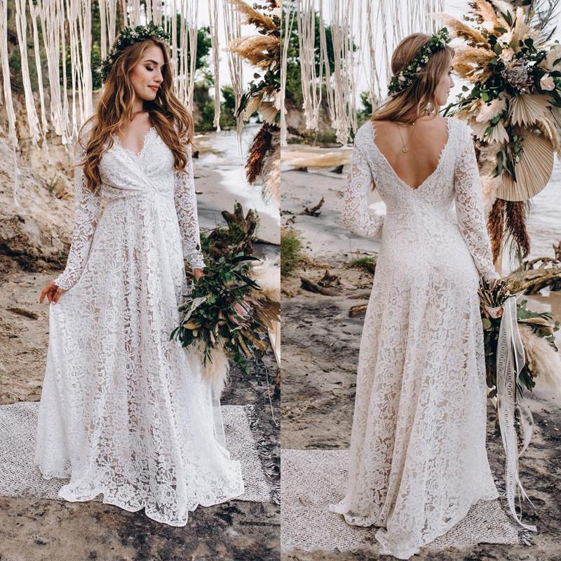 Romantic Full Lace Wedding Dresses Long Sleeve V Neck Beach Bridal Gowns Bohemia Country Bride Dress Vestidos De Noiva