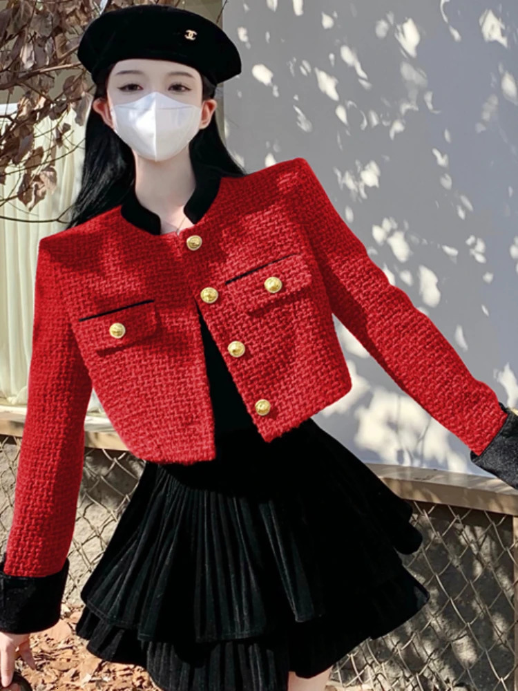 Women's Jackets Small Fragrant Coat Chic Stand Tweed Jacket Women Red Vintage Autumn Chaquetas Mujer Jaqueta Feminina Black Striped Cardigan 2310