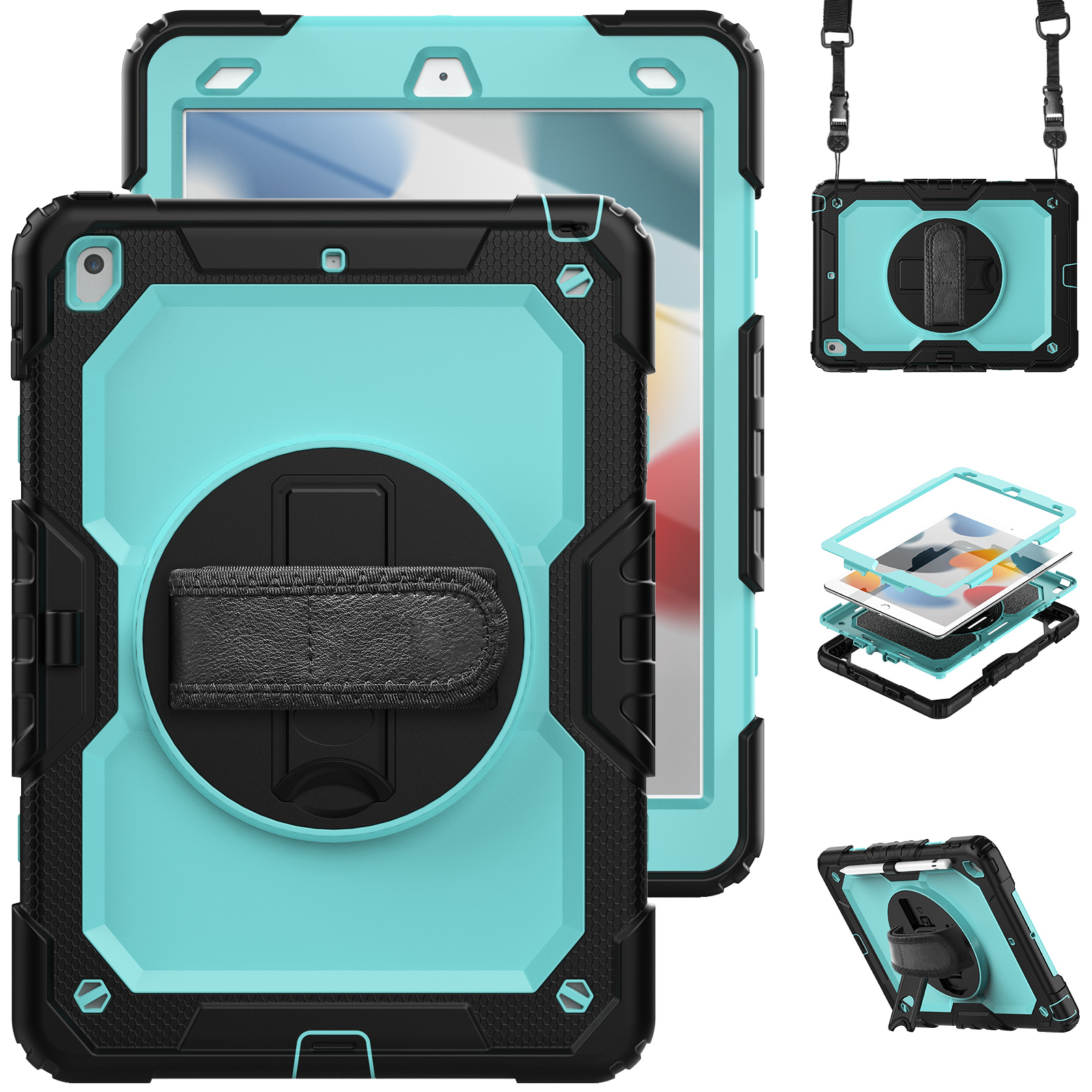 Shockproof Kids Case For iPad Pro 9.7 10.5 10.2 inch 7th/8th/9th Gen Hand Strap 360 Rotating Stand Silicone Armor Rugged Tablet Cover with PET Screen 