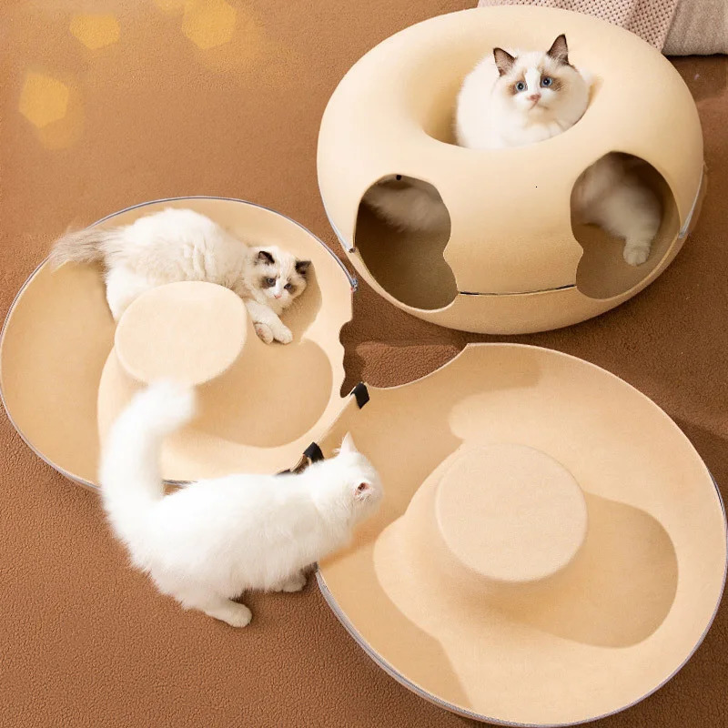 Cat Beds Furniture Cat Tunnel Bed 2 Holes Cats Hiding House All Seasons Felt Zipper Kitten Nest Basket Detachable Round Pet Play Tunnels Tube Toys 231