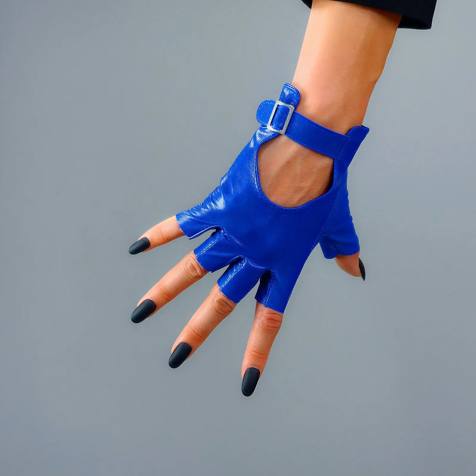 Five Fingers Gloves REAL LEATHER Fingerless Short Square Buckle Half Finger Klein Blue 231010