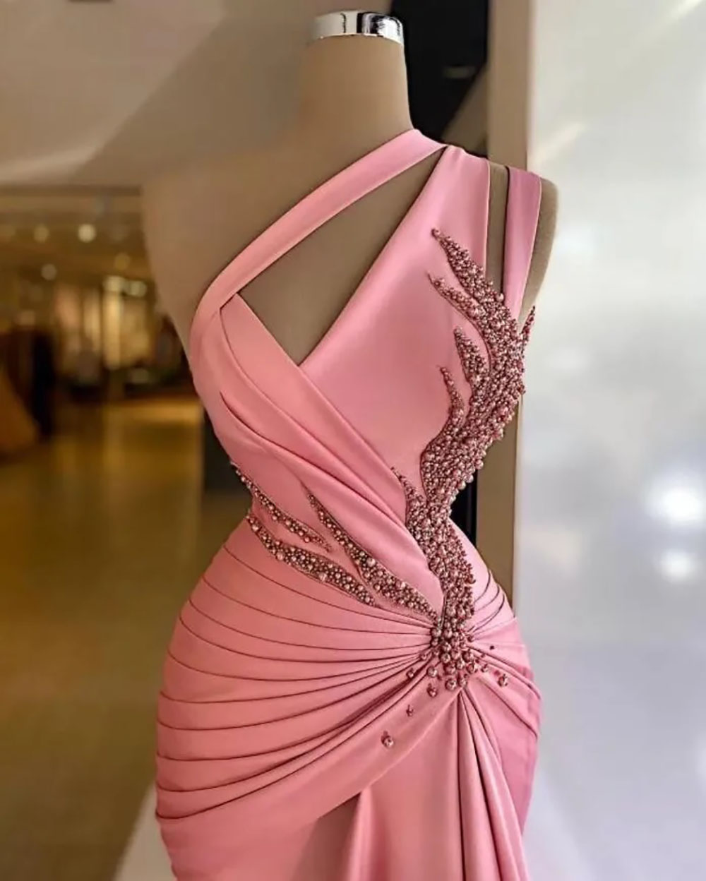 Evening Dresses Pleat Prom Party Gown Satin Formal Custom New Zipper Lace Up Plus Size Mermaid Beaded One-Shoulder Sleeveless Applique