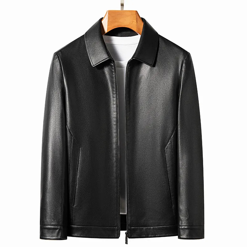 Men's Leather Faux Leather YN-2335 Spring and Autumn Men's Genuine Leather Polo Mock Neck Jacket Fashion Slim Sheepskin Coat Black Grey Husb