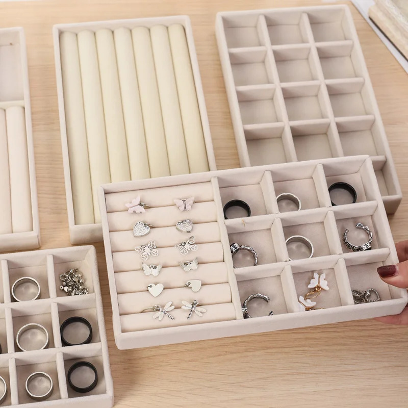 Jewelry Boxes Velvet Tray Storage Drawer Small Stackable Beige Organizer Insert Durable Display Earring Ring Case 231011