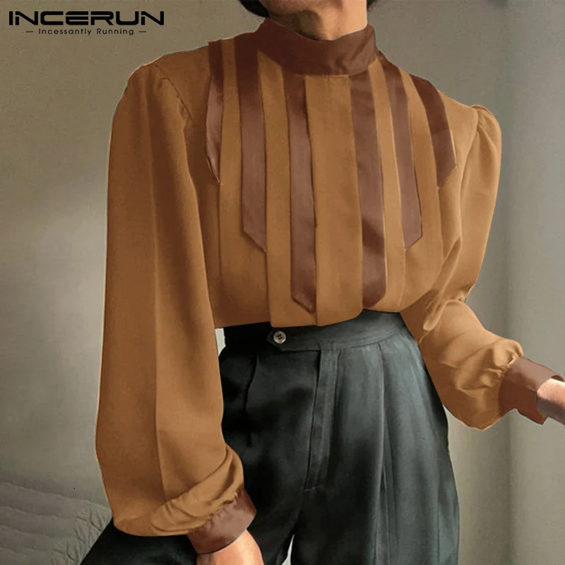Men's TShirts Men T Shirt Striped Patchwork Turtleneck Long Sleeve Elegant Casual Tee Tops Men Vintage Streetwear Camisetas S5XL INCERUN 231011