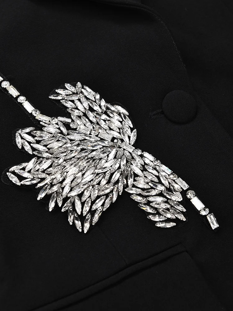 Women's Suits Blazers EAM Women Black Rhinestone Flower Big Size Blazer Lapel Long Sleeve Loose Fit Jacket Fashion Spring Autumn 1DF7614 231010
