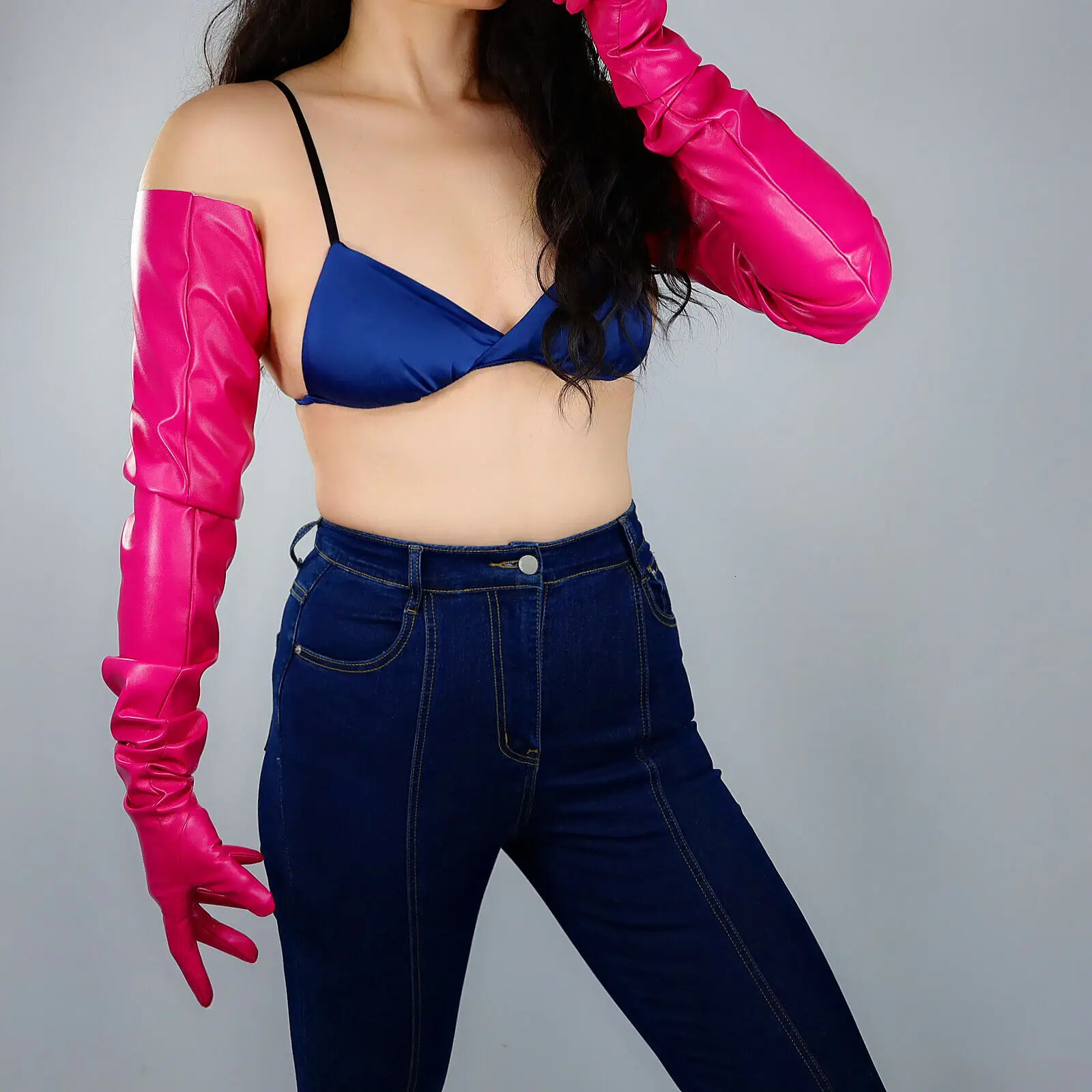 Five Fingers Gloves LONG FASHION GLOVES Faux Leather Vegan 28" 70cm Rose Pink Fuchsia Magenta 231010