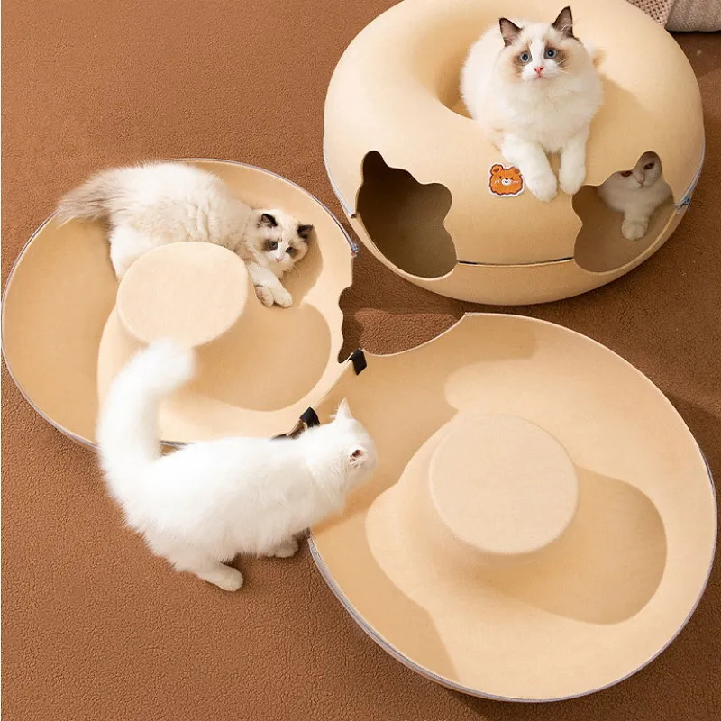 Cat Beds Furniture Cute Cartoon Shaped Interactive Toy for Cats House Felt Tunnel Cave Beds Removable Donut with Zipper Nest Basket Kitten Supplies 23