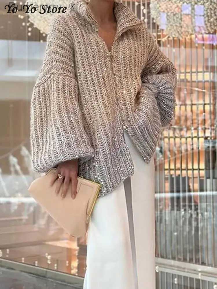 Women's Sweaters Gradual Sequin Zipper Knit Cardigan Sweater Women Loose Long Sleeve Fashion Fe Cardigans Autumn Winter Elegant Lady CoatL231011