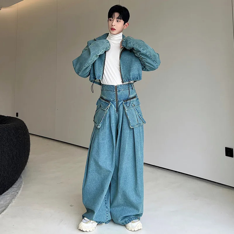 Men's Tracksuits NOYMEI Washed Old Silhouette Denim Two Pieces Set Solid Color Men Short Zipper Jacket Straight Wide Leg Pants Korean WA2425 2310