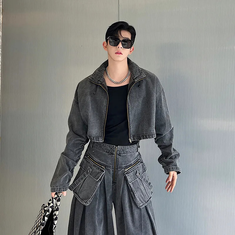 Men's Tracksuits NOYMEI Washed Old Silhouette Denim Two Pieces Set Solid Color Men Short Zipper Jacket Straight Wide Leg Pants Korean WA2425 2310