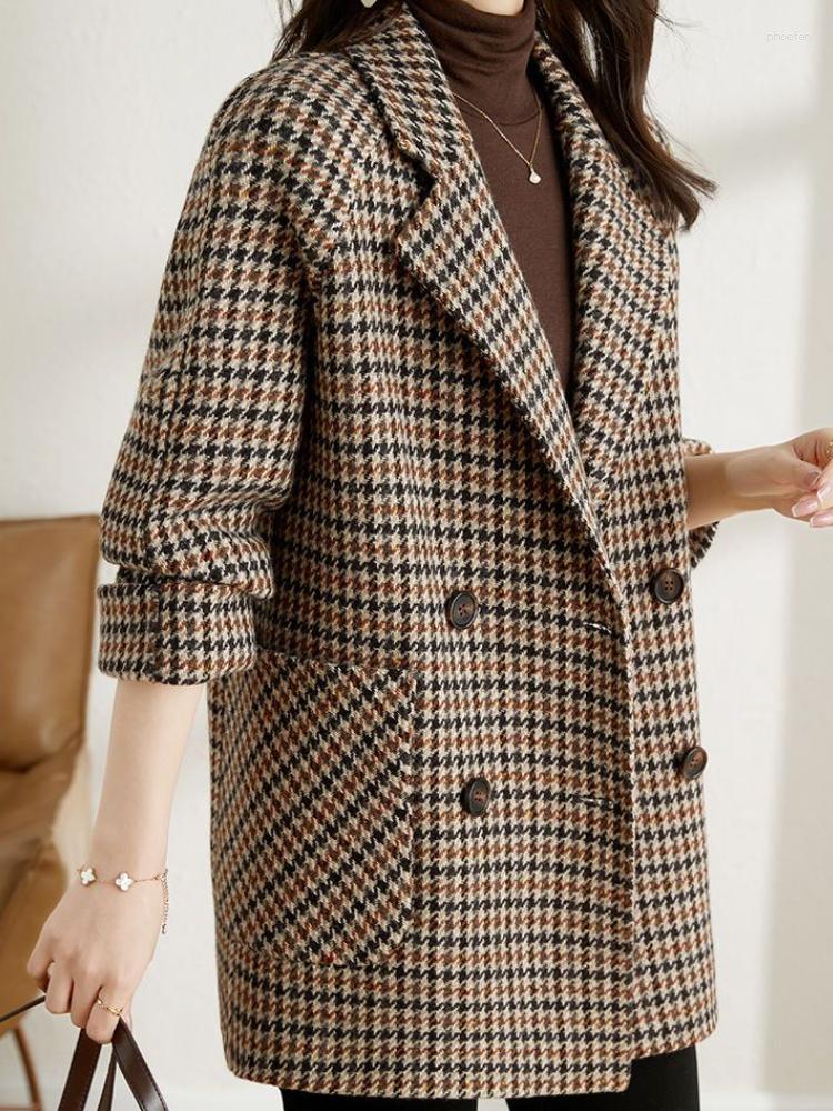 Women's Suits Vintage Houndstooth Women Woolen Blazer Double Breasted Plaid Female Suit Jacket Fashion Korean Outerwear Loose Blaser Coat