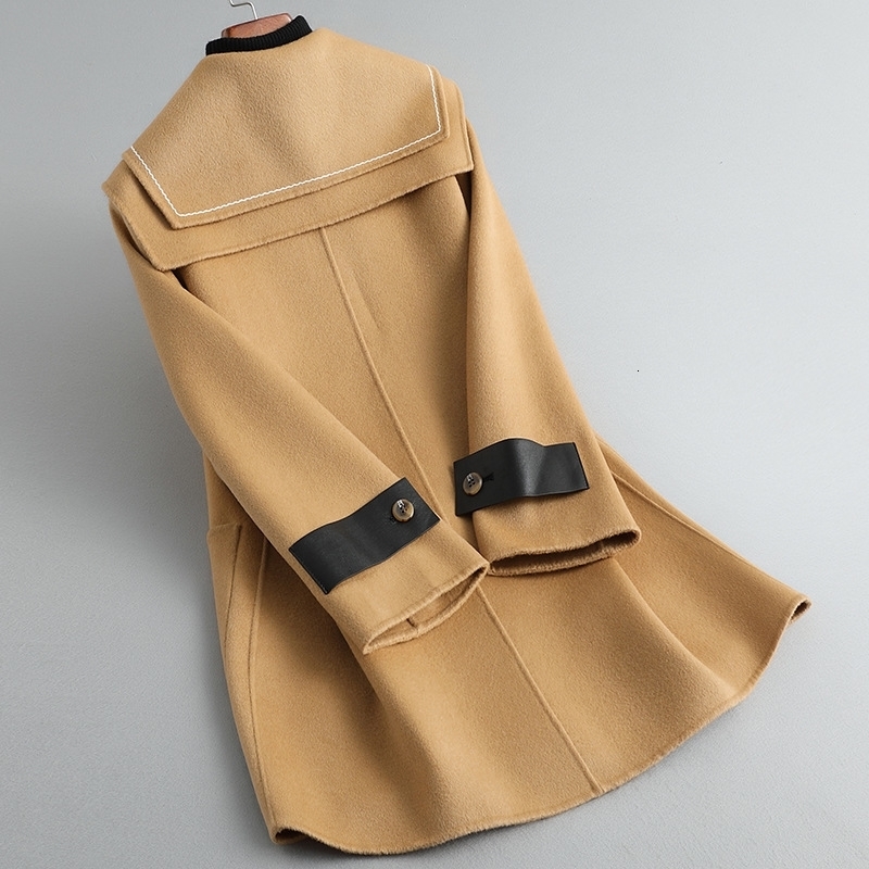 Womens Wool Blends MidLength DoubleSided Cashmere Coat Female Autumn Navy Collar Woolen PH004 231010