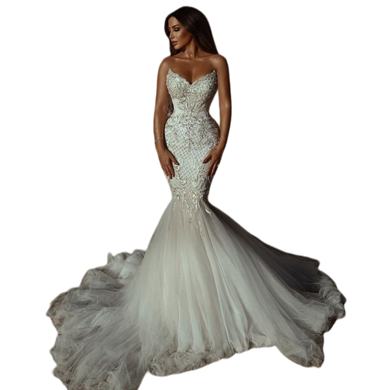 2023 Slim Fit Mermaid Wedding Dresses Lace Appliques Beaded Sweetheart Neck Sexy Bridal Gowns Backless Long Ivory Tulle Bride Dress Custom Made