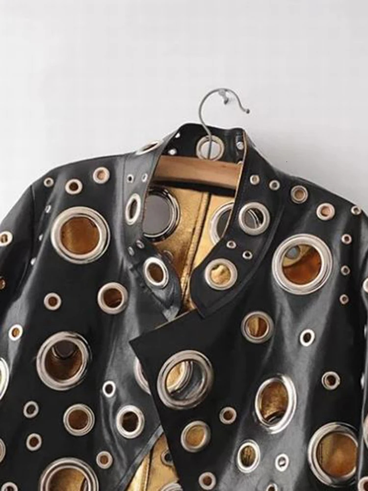 Women's Jackets 2023 Spring Personality PU Round Hole Women Jacket Gold Black Silver Color Stand Collar Long Sleeve Coat Leather Clothing Top 231