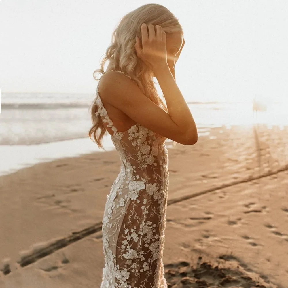 Sexy Ral Mermaid Wedding Dresses 3D Lace Appliques Backless Beach Sleeveless Bride Gown Sweep Train Robe De Mariee 6660312
