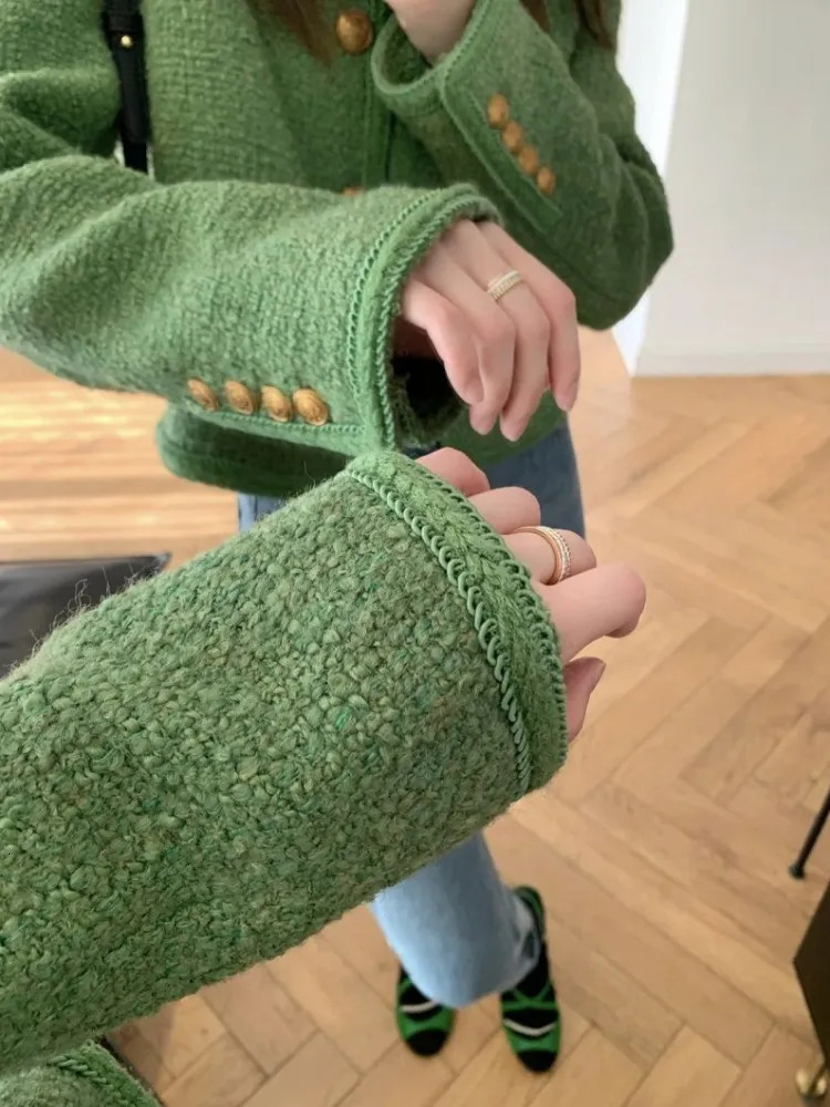 Women's Jackets Women Green Tweed Cropped Jackets O Neck Long Sleeve Office Lady Short Coats Female Autumn Winter Korean Fashion Jackets Outwear 