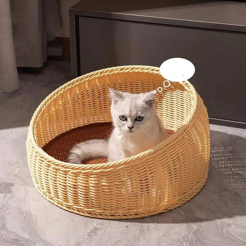 Cat Beds Furniture Rattan Cat Nest Four Seasons Universal Open Cat House Cat Bed Summer Cat Cool Nest Hand-woven Cat Supplies 231011