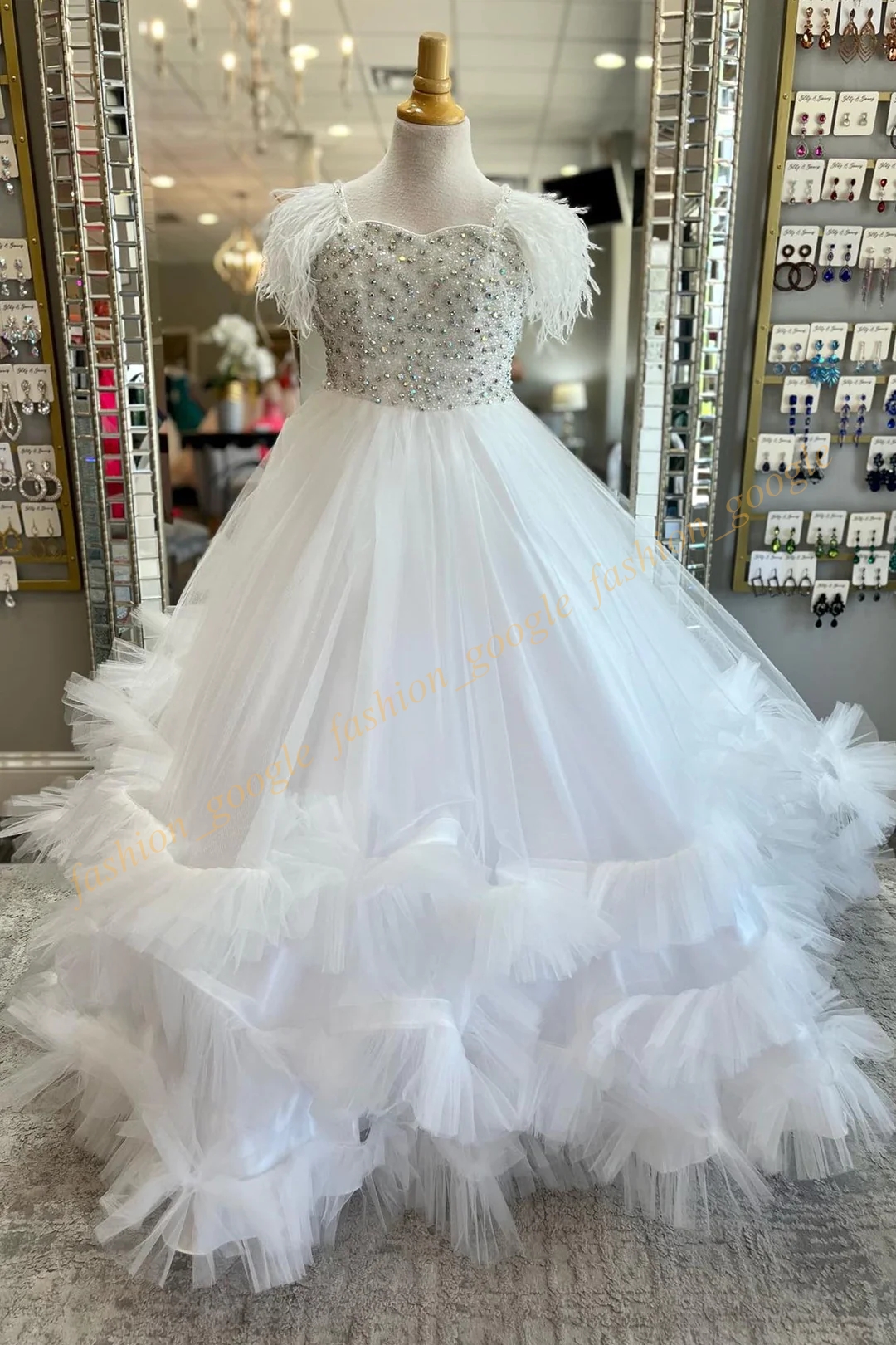 Bubblegum Girl Pageant Dress 2025 Feather Shoulder Crystal Tiered Aqua Tulle Little Kid Fun Fashion Runway Drama Cocktail Party Gown Toddler Teen Pret