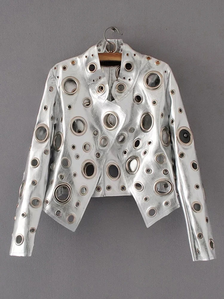 Women's Jackets 2023 Spring Personality PU Round Hole Women Jacket Gold Black Silver Color Stand Collar Long Sleeve Coat Leather Clothing Top 231