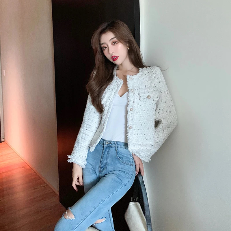 Lanjia- Women's Jackets Arrival Short Coat O-Neck Single-Breasted Tassel Slim Plaid Tweed Jacket Outwear Women Fashion 231010 F6f05