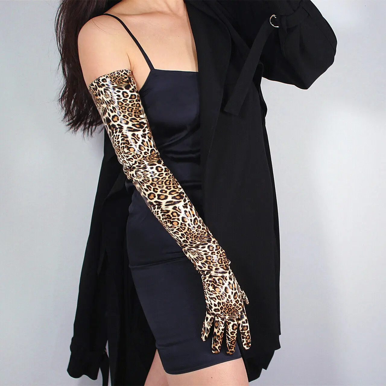 Five Fingers Gloves LATEX LONG GLOVES Shine Leather PU 24" 60cm Animal Print Brown Cheetah Leopard 231010
