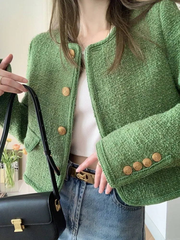 Women's Jackets Women Green Tweed Cropped Jackets O Neck Long Sleeve Office Lady Short Coats Female Autumn Winter Korean Fashion Jackets Outwear 