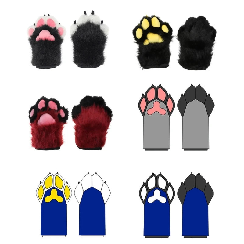 Five Fingers Gloves Furry Paw Cosplays Wolf Bear Animal Plush Mittens for Women Girls Drop 231010