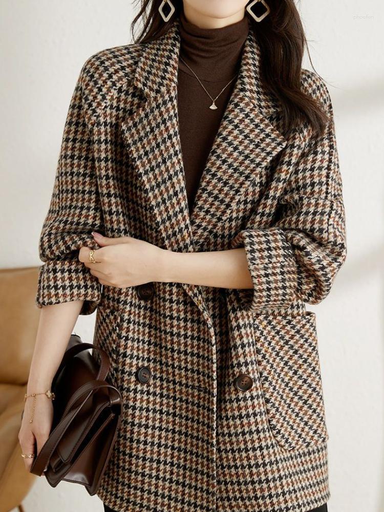 Women's Suits Vintage Houndstooth Women Woolen Blazer Double Breasted Plaid Female Suit Jacket Fashion Korean Outerwear Loose Blaser Coat