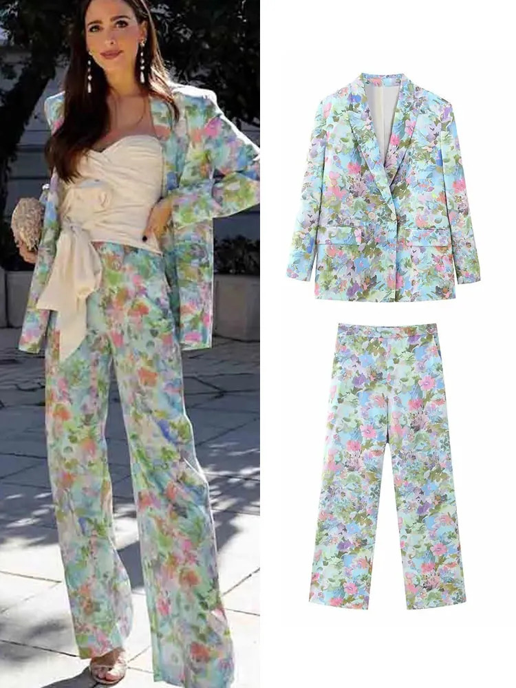 Women's Two Piece Pants TRAF Women Spring Autumn Print Blazer Suits Sets Fashion Office Lady Double Breasted Jacket Casual Wide Leg Pants 231010