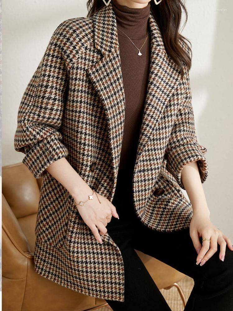 Women's Suits Vintage Houndstooth Women Woolen Blazer Double Breasted Plaid Female Suit Jacket Fashion Korean Outerwear Loose Blaser Coat