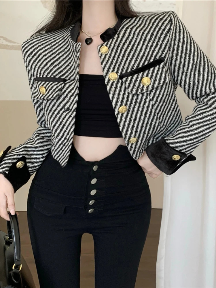 Women's Jackets Small Fragrant Coat Chic Stand Tweed Jacket Women Red Vintage Autumn Chaquetas Mujer Jaqueta Feminina Black Striped Cardigan 2310