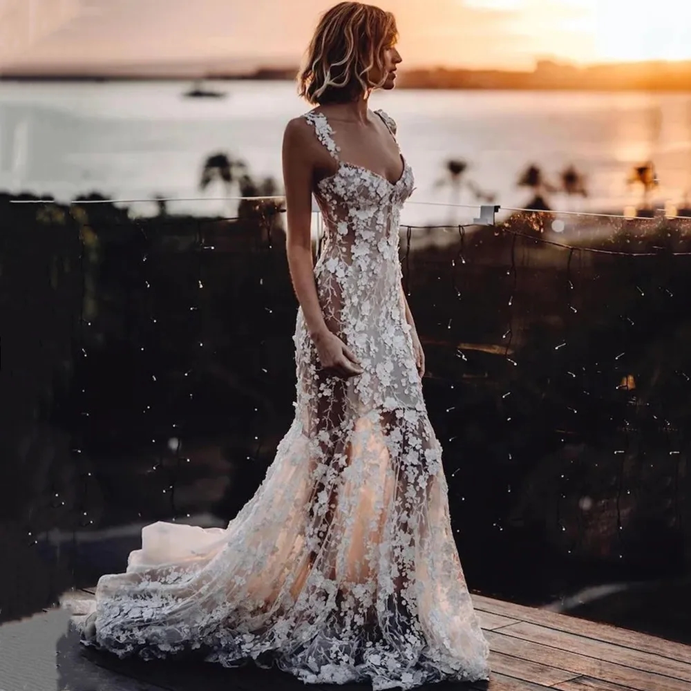 Sexy Floral Mermaid Wedding Dresses 3D Lace Appliques Backless Beach Sleeveless Bride Gown Sweep Train Robe De mariee