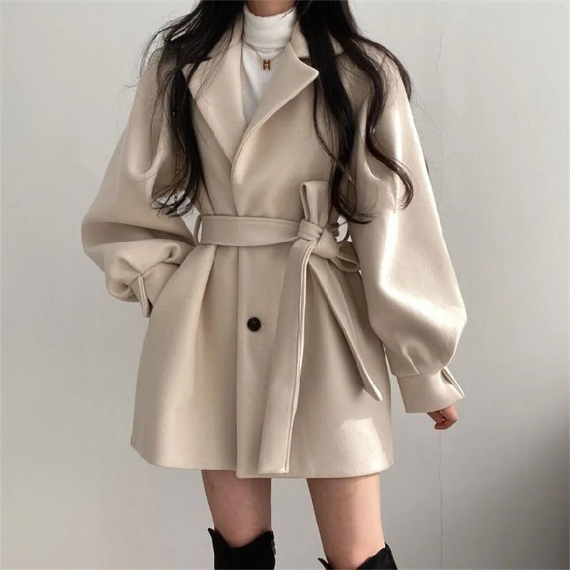 Women's Wool Blends Mid Length Blazer Collar Woolen Coat Women Belted Winter Jacket Niche Vintage Loose Fashion Overcoat Solid Trench Coats 23101