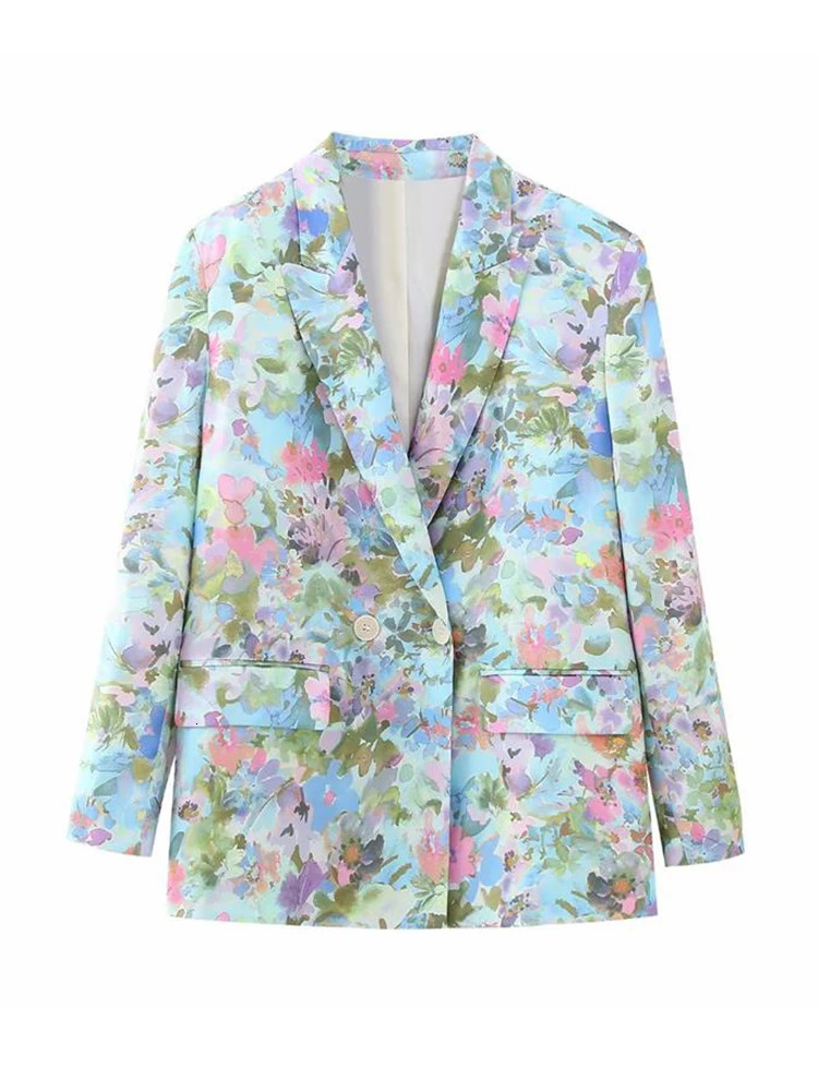 Women's Two Piece Pants TRAF Women Spring Autumn Print Blazer Suits Sets Fashion Office Lady Double Breasted Jacket Casual Wide Leg Pants 231010
