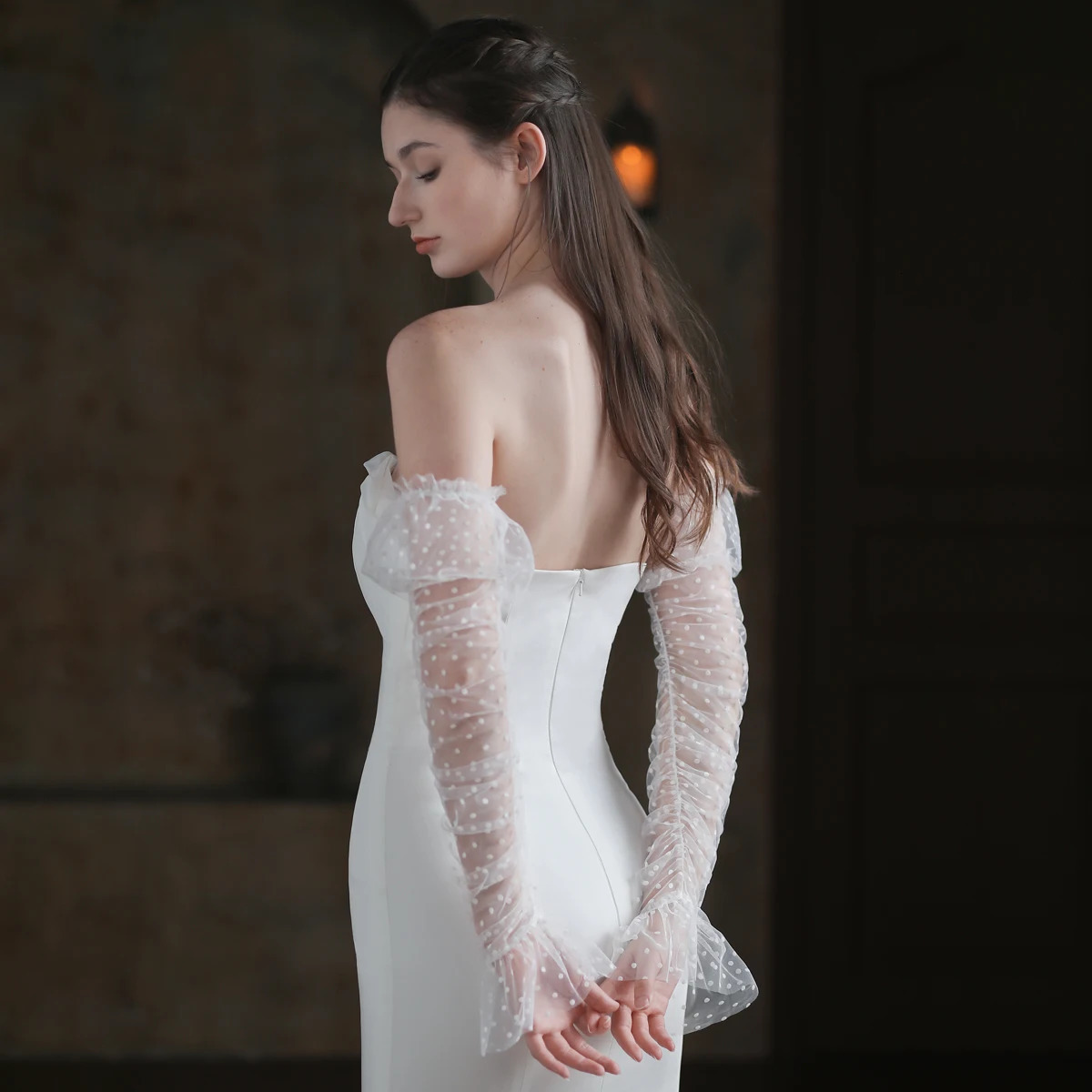 Five Fingers Gloves WG053 Elegant Wedding Bridal White Long Sleevelet Soft Dots Tulle Ruffled Brides Bridesmaid Glove Marriage Accessories 231010