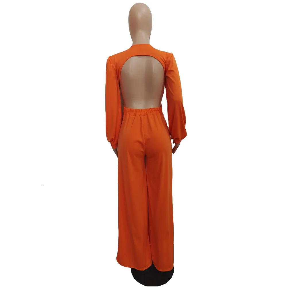 Women's Jumpsuits Rompers Spring Summer Women Jumpsuit Backless Hollow Out V Neck Pleated Solid Color Long Romper Women Jumpsuit Overalls 231010