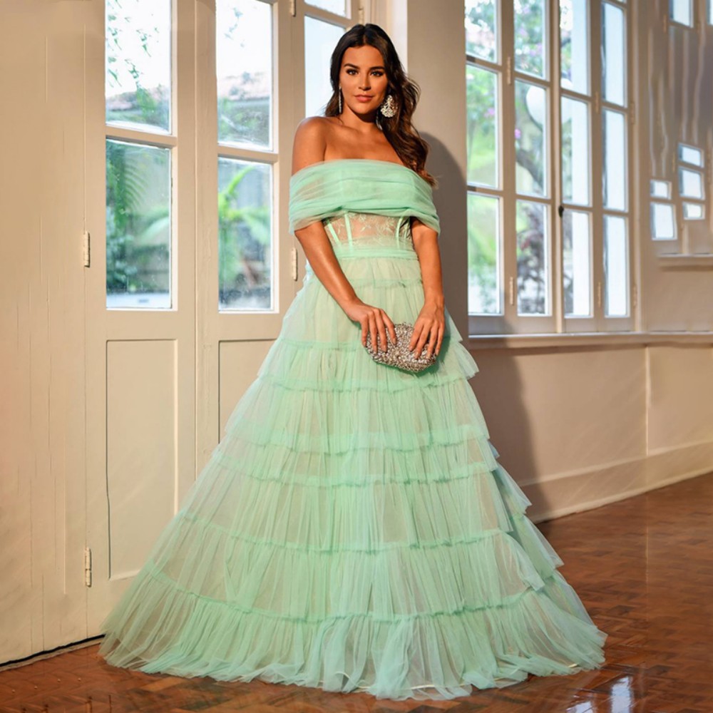 Off The Shoulder A-line Prom Dresses Pleat Jewel Neck Evening Gown Illusion Tulle Vestidos De Noche