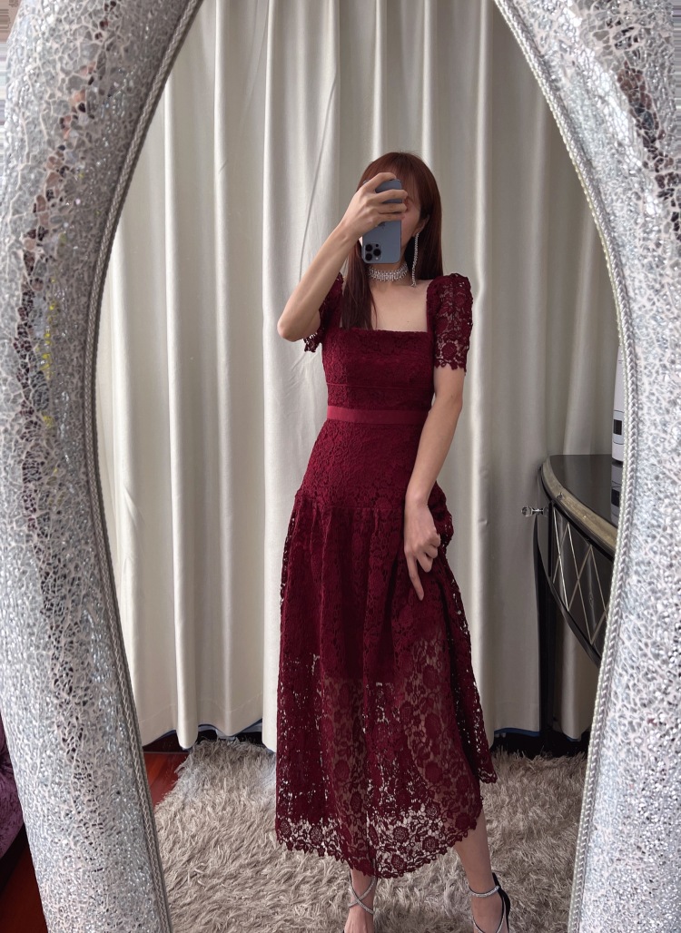 Self Portrait Large Neck Open Back Charming Wine Red Lace Dress Short Sleeve Large Swing Long Dress