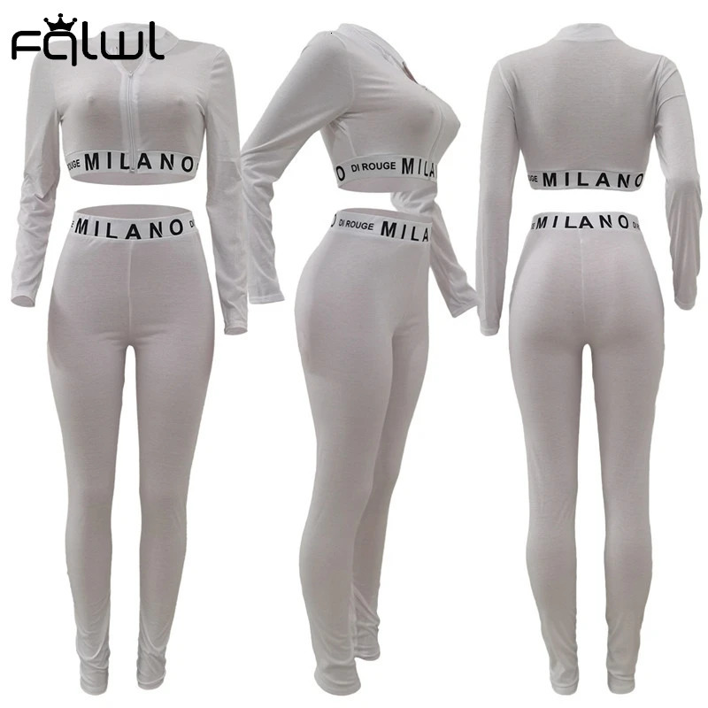 Women's Two Piece Pants FQLWL Streetwear White Pink 2 Two Piece Set Women Outfits Fitnesss Long Sleeve Crop Top Leggings Women Ladies Tracksuit F