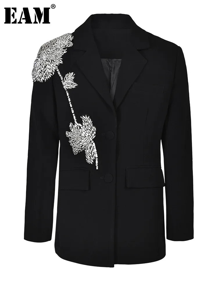 Women's Suits Blazers EAM Women Black Rhinestone Flower Big Size Blazer Lapel Long Sleeve Loose Fit Jacket Fashion Spring Autumn 1DF7614 231010