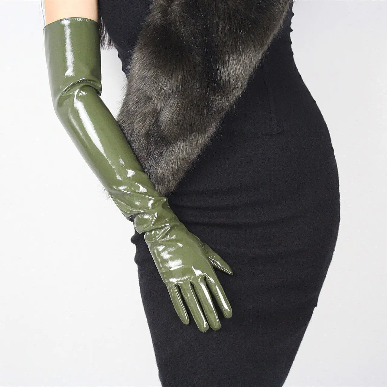 Five Fingers Gloves LATEX LONG GLOVES Shine Leather Faux Patent PU 28" 70cm Opera Olive Army Green 231010