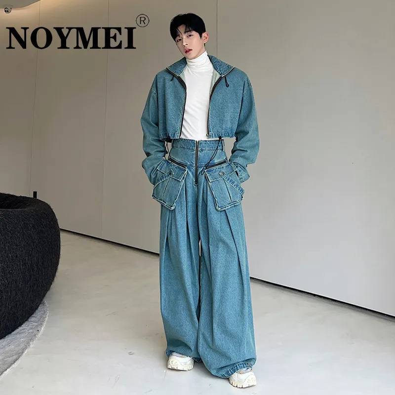Men's Tracksuits NOYMEI Washed Old Silhouette Denim Two Pieces Set Solid Color Men Short Zipper Jacket Straight Wide Leg Pants Korean WA2425 2310