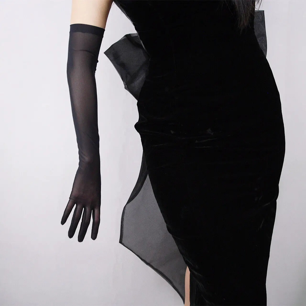 Five Fingers Gloves MESH LONG GLOVES Stretch Tulle Lace Semi Sheer TECH Royal Klein Blue 28" 70cm 231010